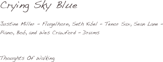 Crying Sky Blue

Justine Miller - Flugelhorn, Seth Kibel - Tenor Sax, Sean Lane - Piano, Bob, and Wes Crawford - Drums


Thoughts Of Walking
