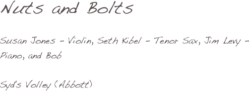 Nuts and Bolts

Susan Jones - Violin, Seth Kibel - Tenor Sax, Jim Levy - Piano, and Bob

Syd's Volley (Abbott)